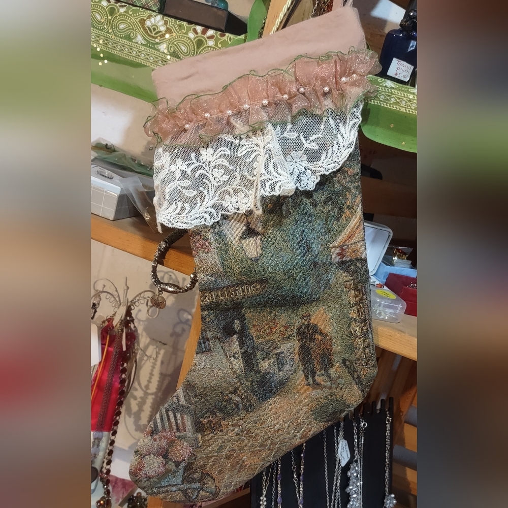 French Victorian Tapestry Hanging Stocking - Picture 7 of 10